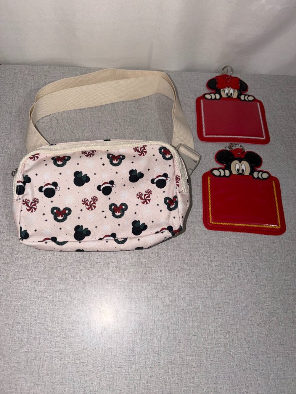 Disney Mickey & Minnie Mouse Pink Holiday Theme Fanny Pack + 2 Document Holders